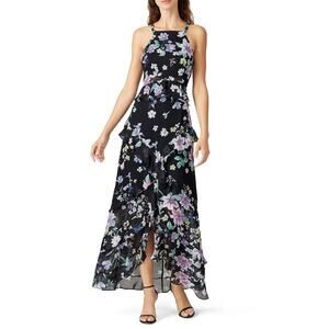Great Jones Navy Floral Print Ruffle Hem Sleeveless Halter Maxi Dress Size 4